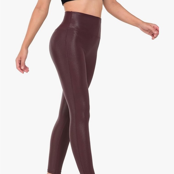 Women's High-Waisted Burgundy Faux Leather Leggings - Picture 3 of 4